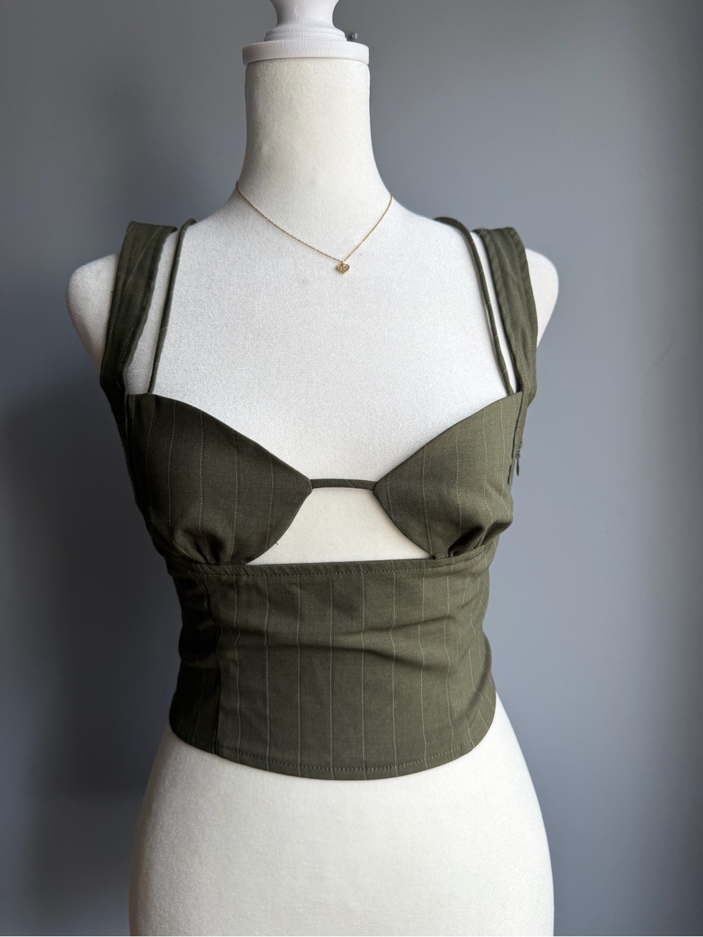 Olive Green Pinstripe Bustier Top - Picture 5 of 8